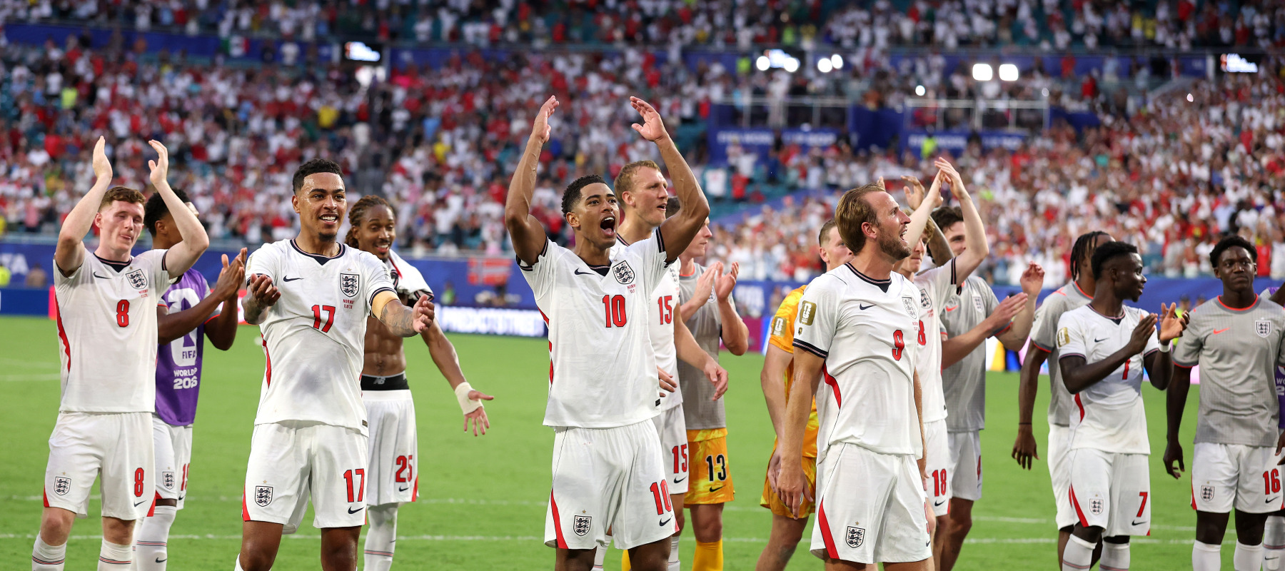 A photo of Morgan Rogers, Jude Bellingham and Harry Kane of England applauding fans after the 2-1 victory during the FIFA World Cup 2026 Quarter Final match against Norway