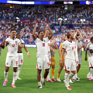 A photo of Morgan Rogers, Jude Bellingham and Harry Kane of England applauding fans after the 2-1 victory during the FIFA World Cup 2026 Quarter Final match against Norway