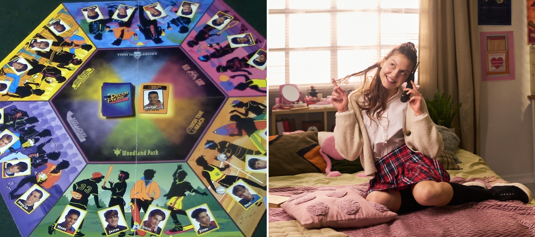 Teenage girl talks on a cordless phone in a '90s setting. Second image is a screenshot of the board game dream phone.