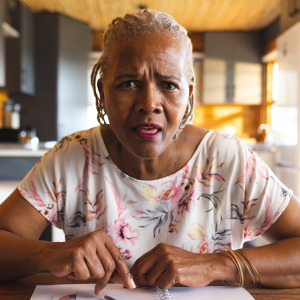 A woman with gray braided hair wearing a patterned blouse is shown indoors at a wooden table, looking at some kind of financial report.