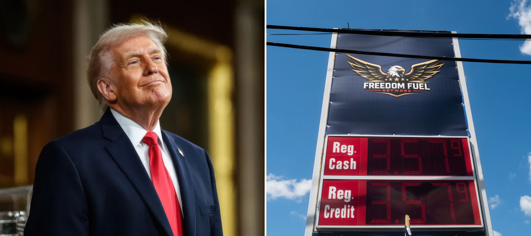 A side-by-side image of President Donald Trump smiling happily alongside a photo of a Freedom Fuel gas station sign.