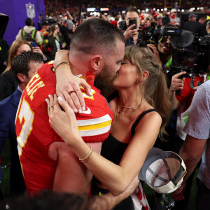 ravis Kelce of the Kansas City Chiefs celebrates and kisses Taylor Swift following the NFL Super Bowl 58 football game between the San Francisco 49ers and the Kansas City Chiefs.