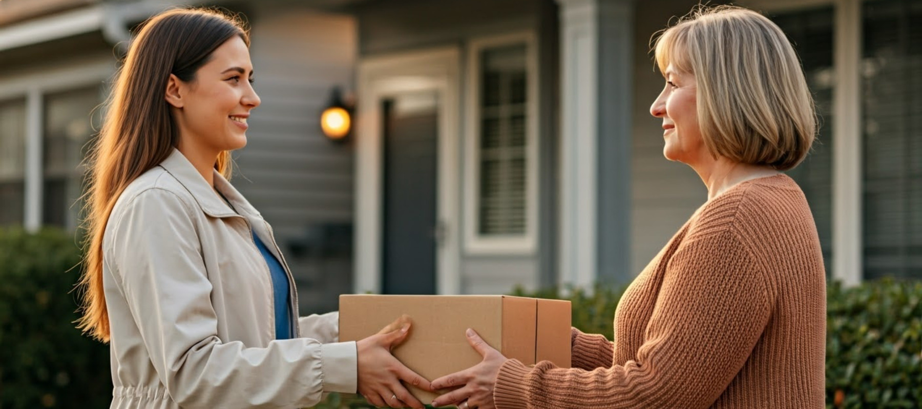 Photo of a mother and daughter in front of a house with a moving box, smiling
