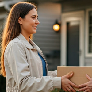 Photo of a mother and daughter in front of a house with a moving box, smiling