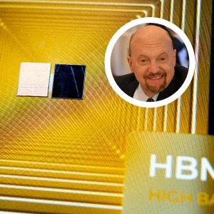 Two HBM4 chips on display, along with a photo of Jim Cramer.