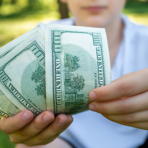 Close up of teenage boy holding $100 bills outside.
