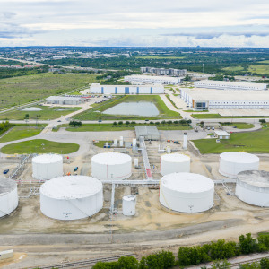 In an aerial view, oil storage tanks are seen at the Sunoco LP Fuel Supply Terminal in Austin, Texas