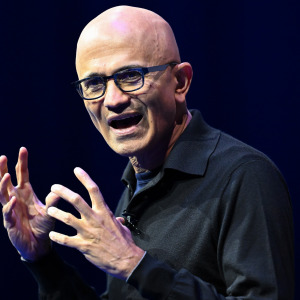 Satya Nadella, CEO of Microsoft, speaks on stage during the Microsoft AI Tour in Munich.