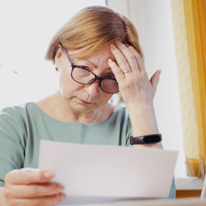Worried mature woman reading paper document and feeling frustrated by unexpected bills.