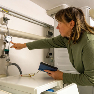 Woman reading water meter in laundry room