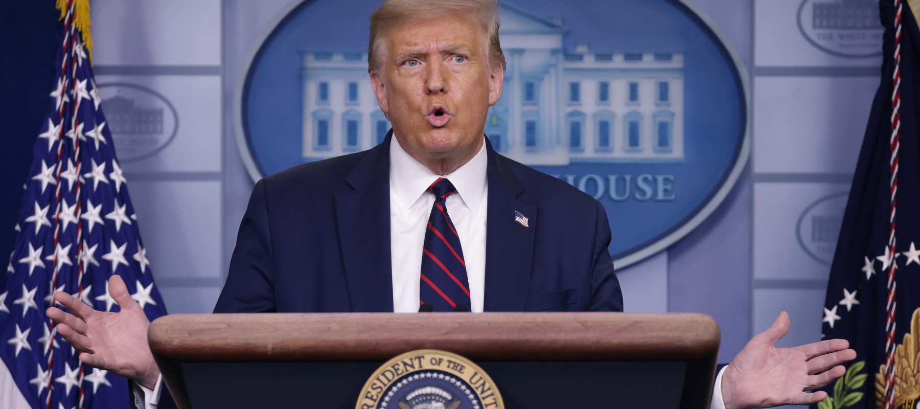 President Trump speaks in the James Brady Briefing Room of the White House.