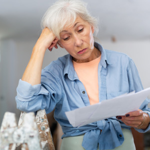 Senior woman stressed looking at home maintenance costs.