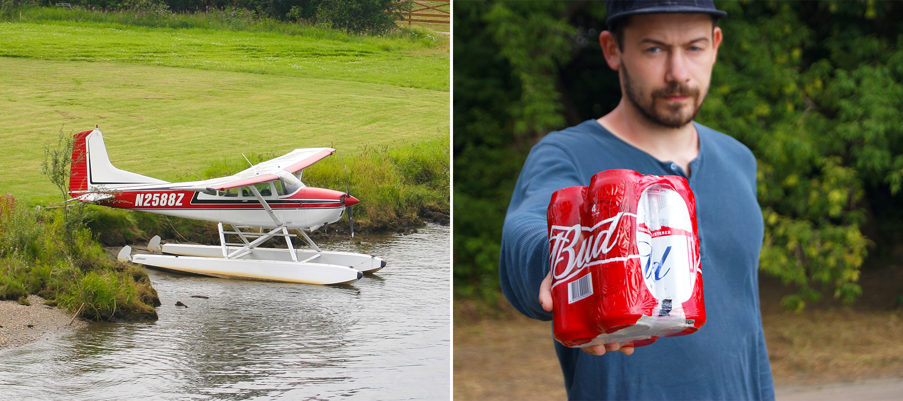 A two-column photo of an Alaskan bush plane and a man holding a case of beer.