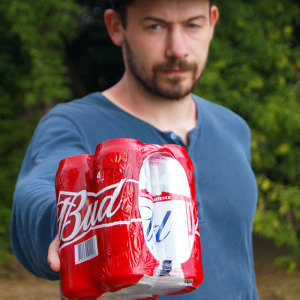 A two-column photo of an Alaskan bush plane and a man holding a case of beer.