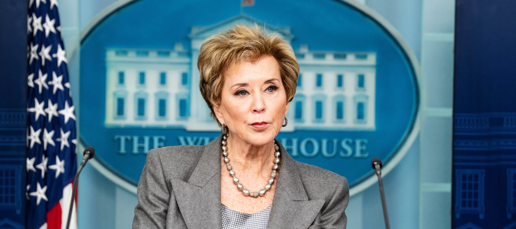 U.S. Secretary of Education Linda McMahon speaks during a press conference.