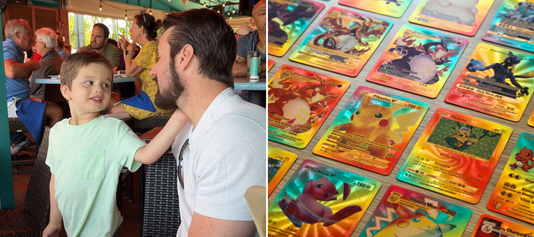 Photo of Ryan Hietanen and his son, Landon, and a collection of Pokemon cards