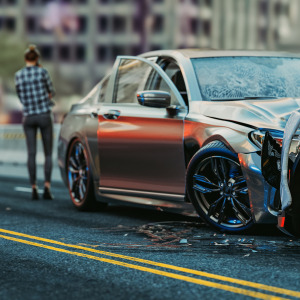 A woman, facing away from the camera, makes a phone call with two cars crashed together in the foreground.