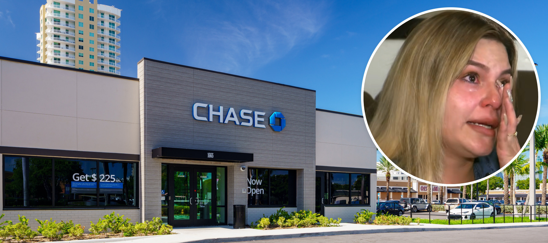 Bubble image of woman crying over top of photo of Chase Bank Florida location.