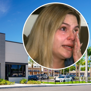Bubble image of woman crying over top of photo of Chase Bank Florida location.