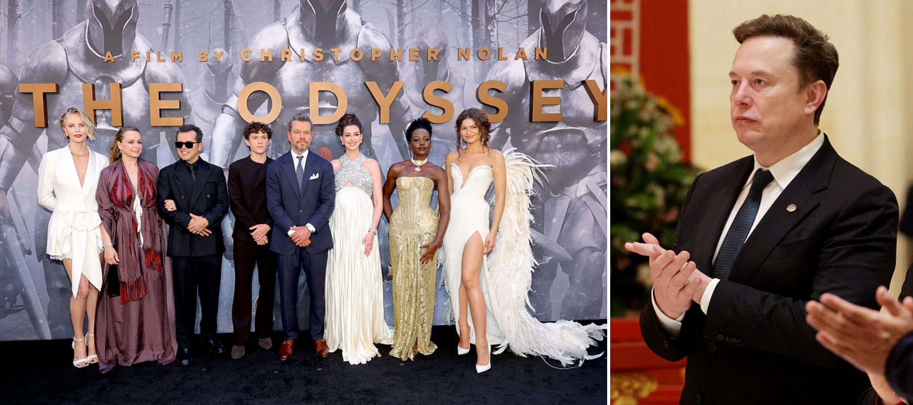 A split-panel photo of The Odyssey cast and Elon Musk