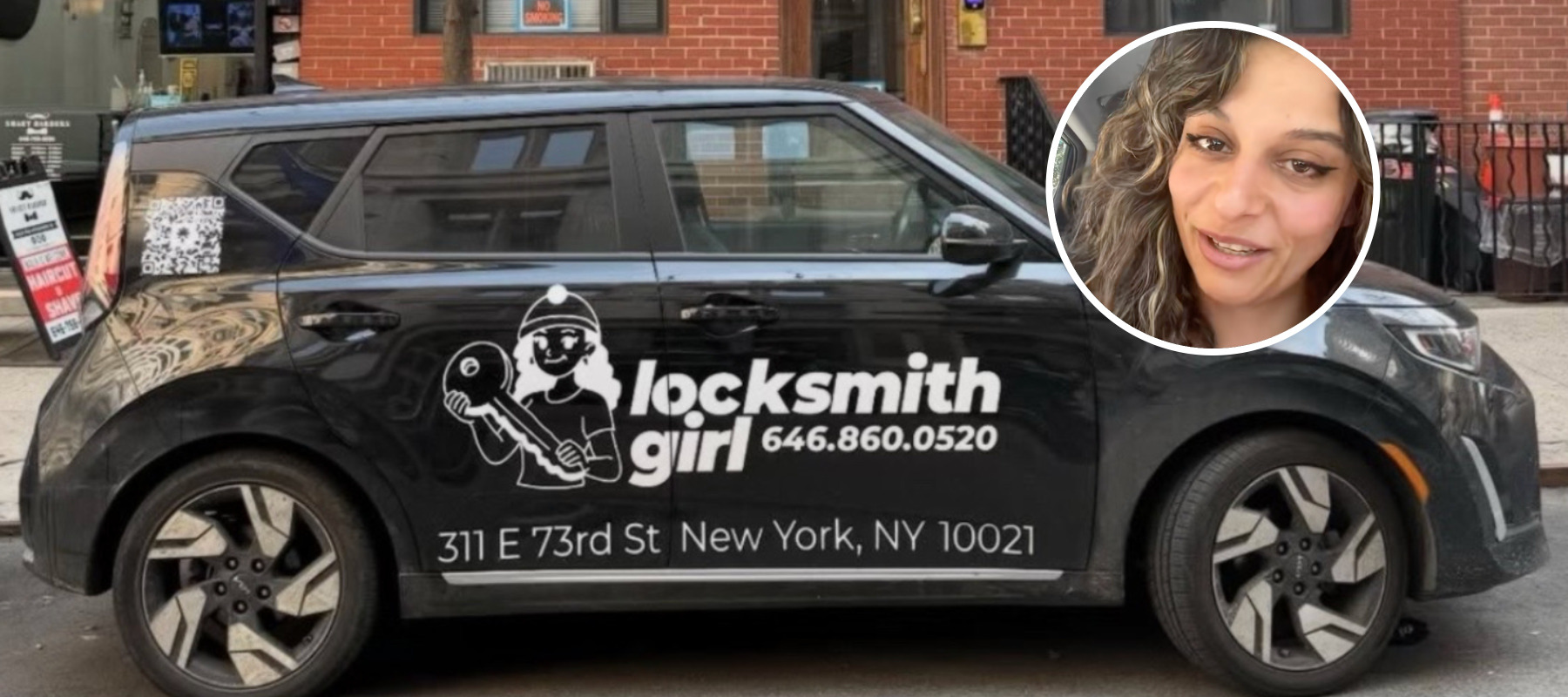 Locksmith Girl of NYC's car with business label on it next to a small image of her face