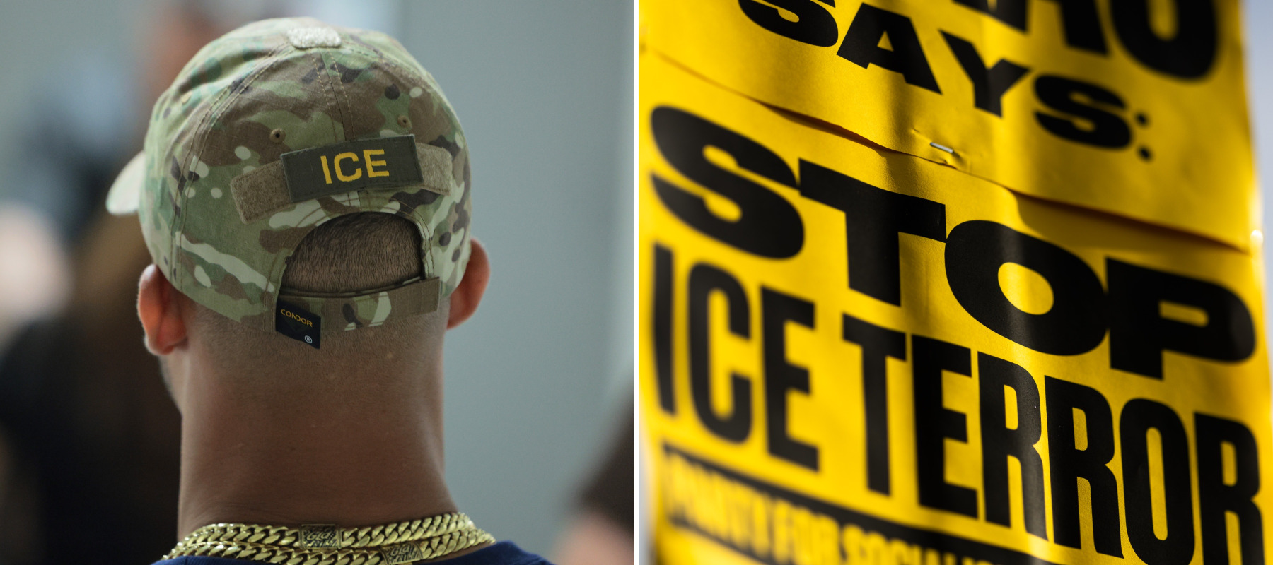 A split-panel image of an ICE agent and anti-ICE sign