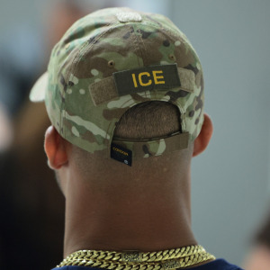 A split-panel image of an ICE agent and anti-ICE sign