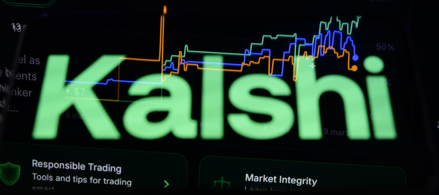 A photo of the Kalshi logo over a trading graphic