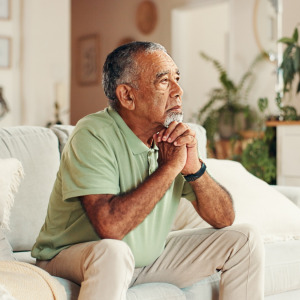 A photo of a man thinking