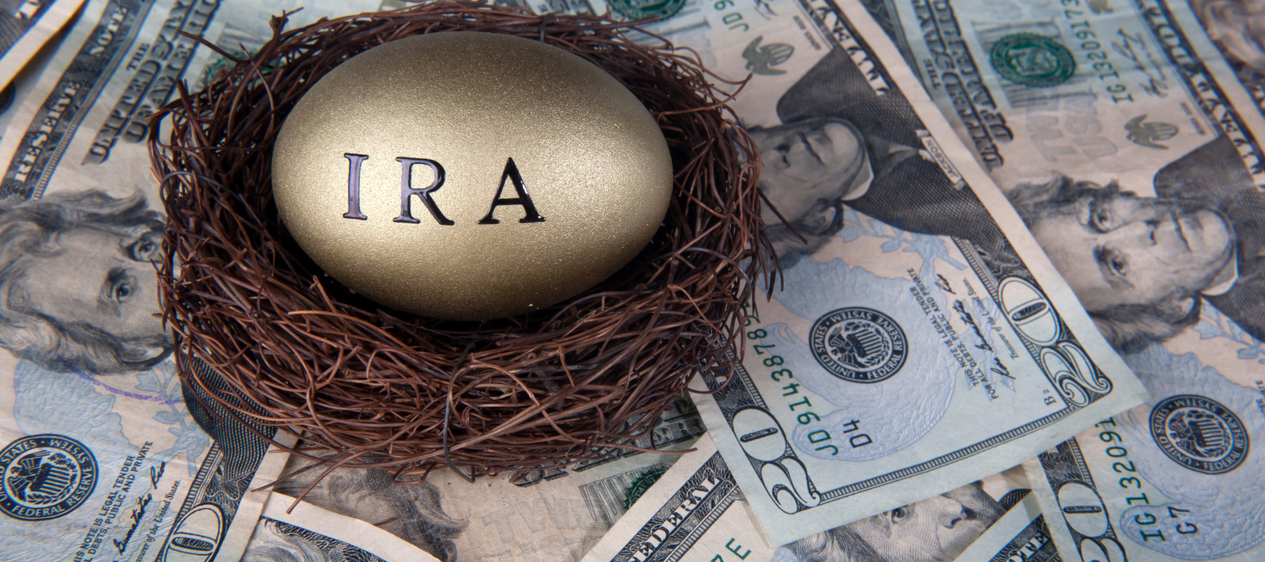 Money and nest eggs concept for retirement with $20 U.S. bank notes on a table.