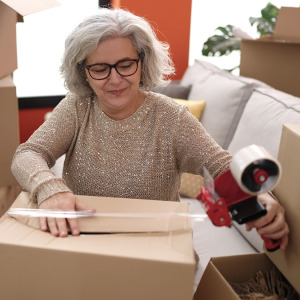 A photo of a woman packing up boxes