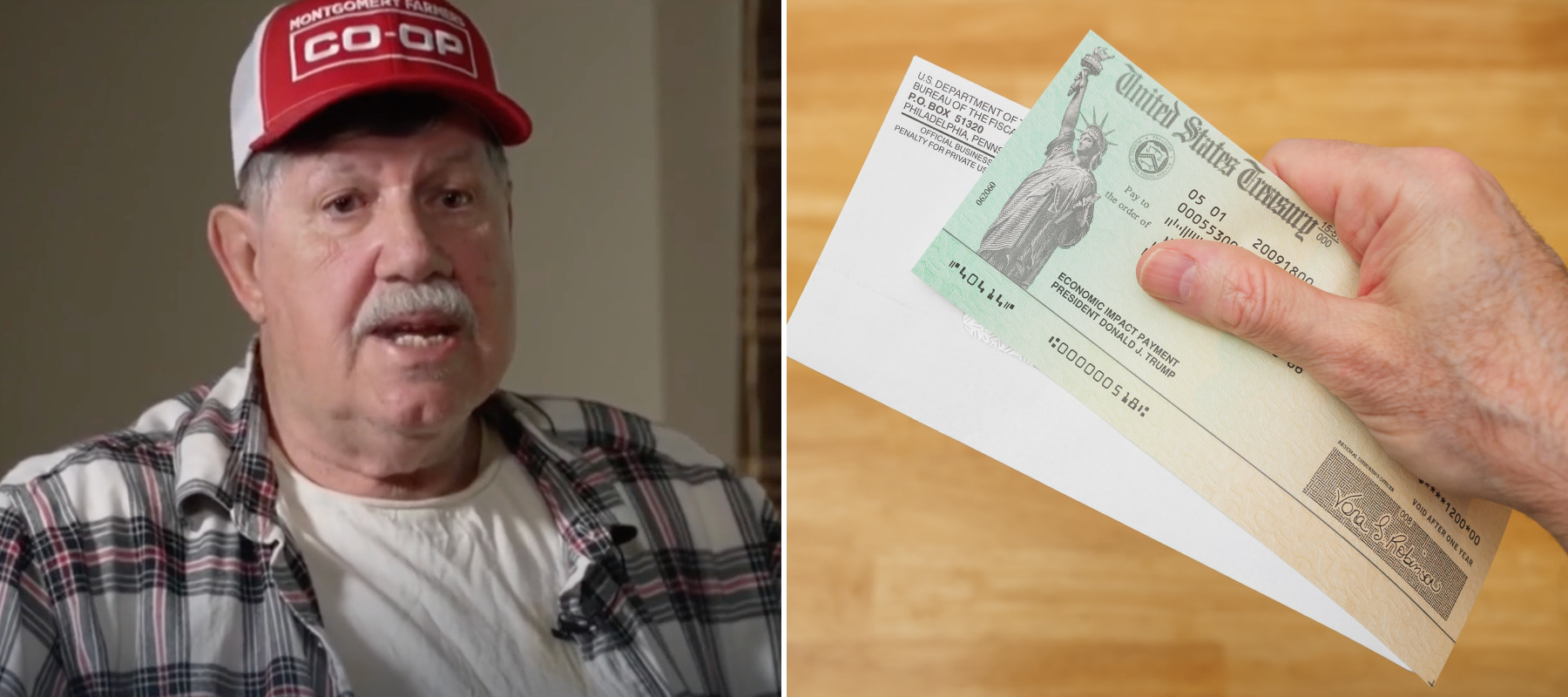 A split-panel image of a farmer and a US Treasury check