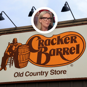 A Cracker Barrel sign with Julie Masino's image.