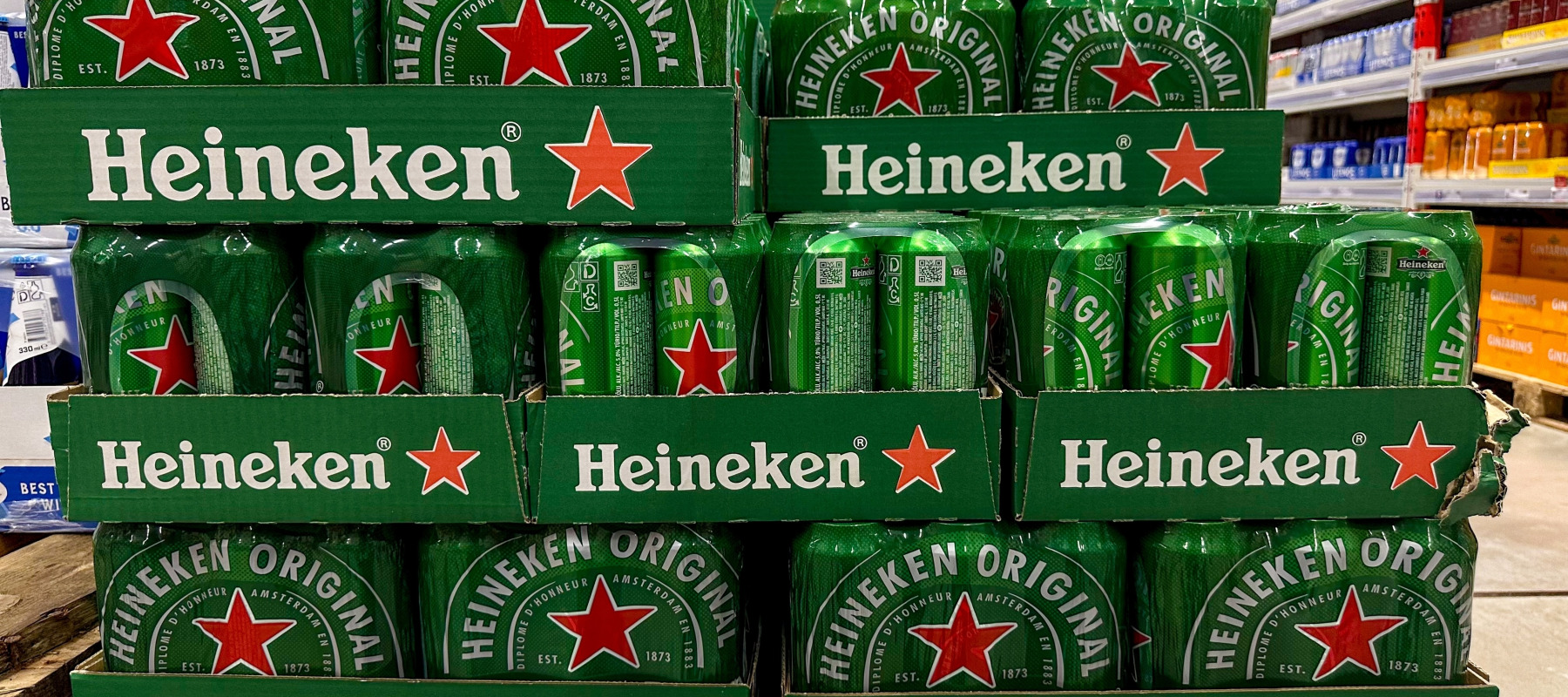 Boxes of Heineken beer in liquor store