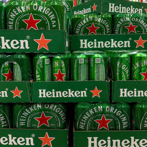 Boxes of Heineken beer in liquor store