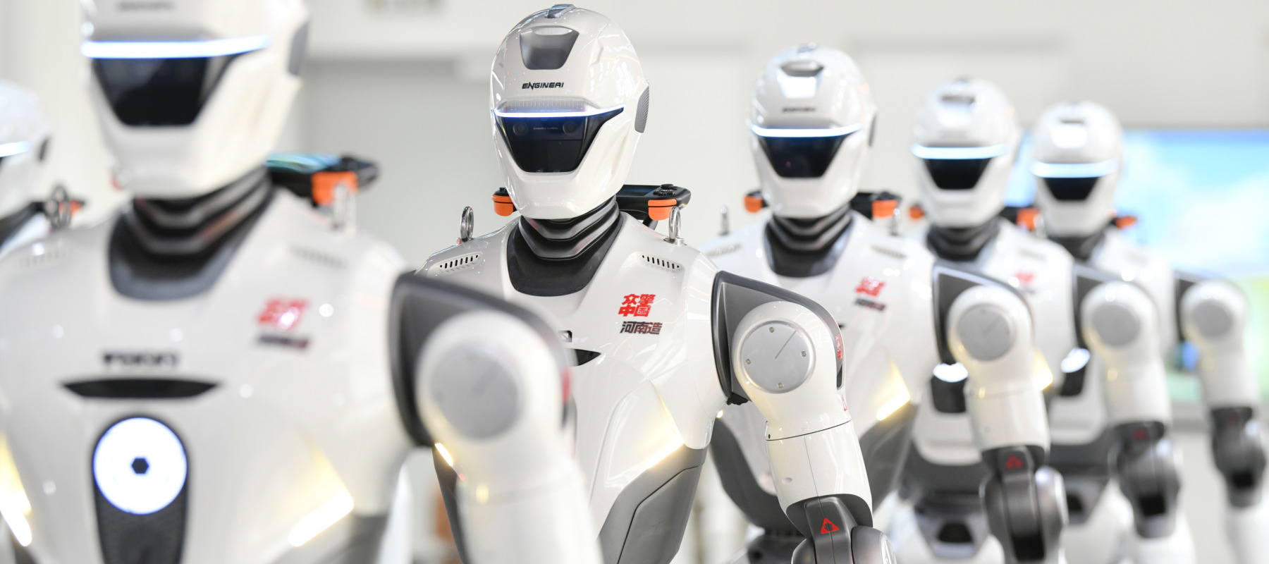 EngineAI T800 humanoid robots are on display after rolling off the production line at a production facility on July 24, 2026 in Zhengzhou, Henan Province of China.