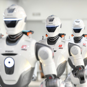 EngineAI T800 humanoid robots are on display after rolling off the production line at a production facility on July 24, 2026 in Zhengzhou, Henan Province of China.