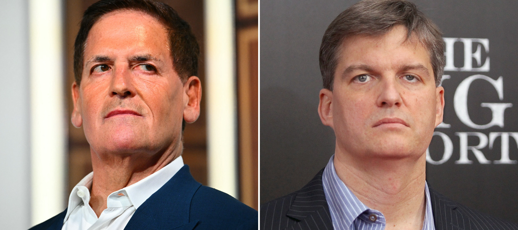 A composite image of Mark Cuban during a healthcare affordability event in May 2026 and an unrelated image of MIchael Burry attending the "The Big Short" premiere in November 2015.