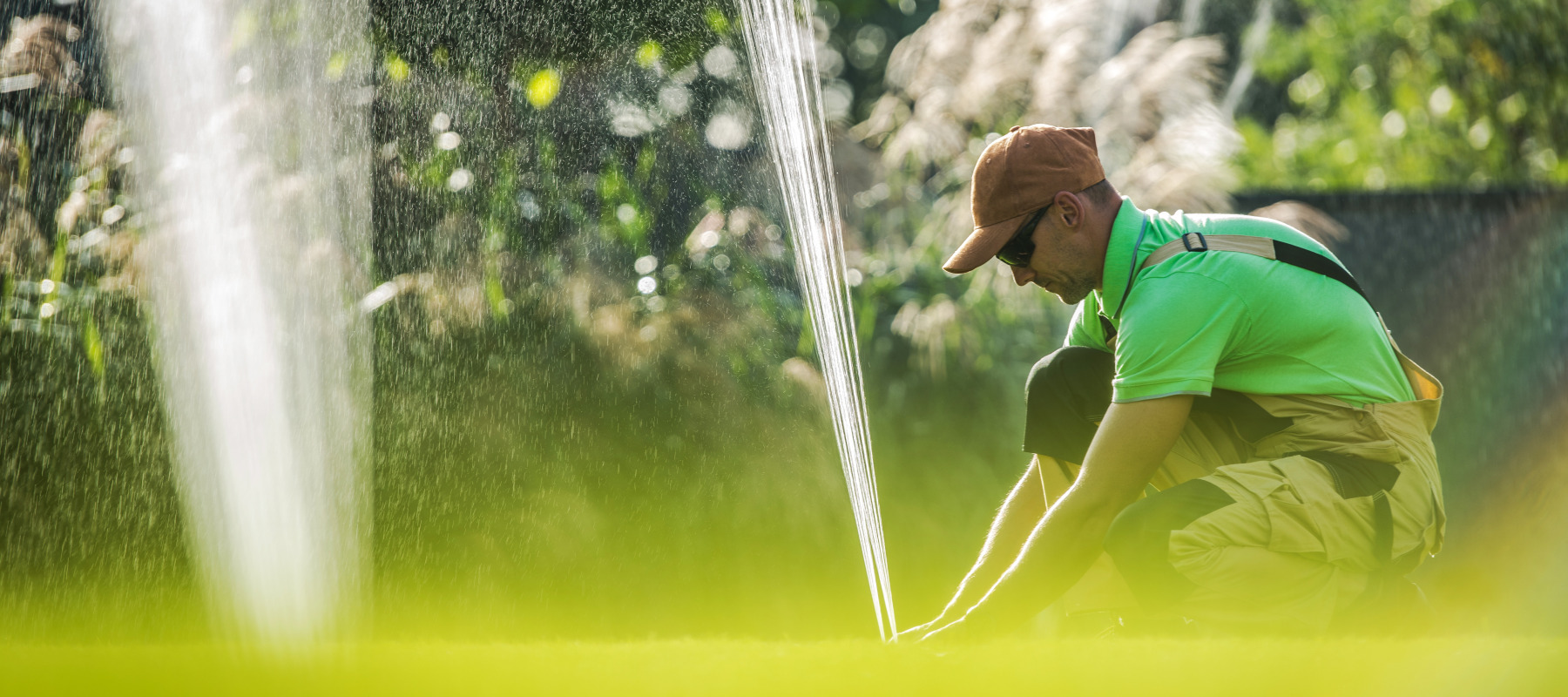 A man waters his lawn using a water sprinkler.