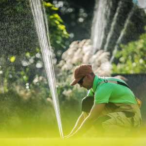 A man waters his lawn using a water sprinkler.