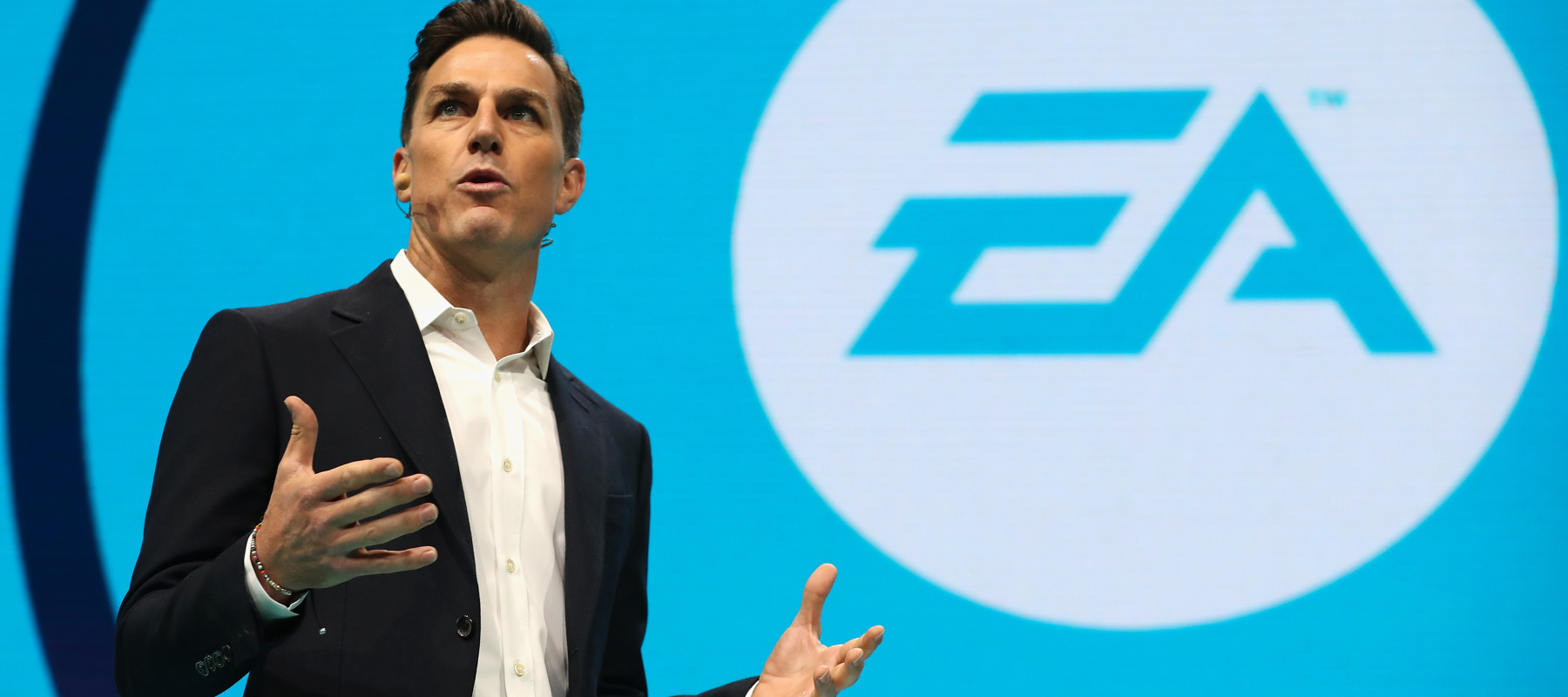 A CEO Andrew Wilson speaks during the Electronic Arts EA Play event at the Hollywood Palladium in 2017.