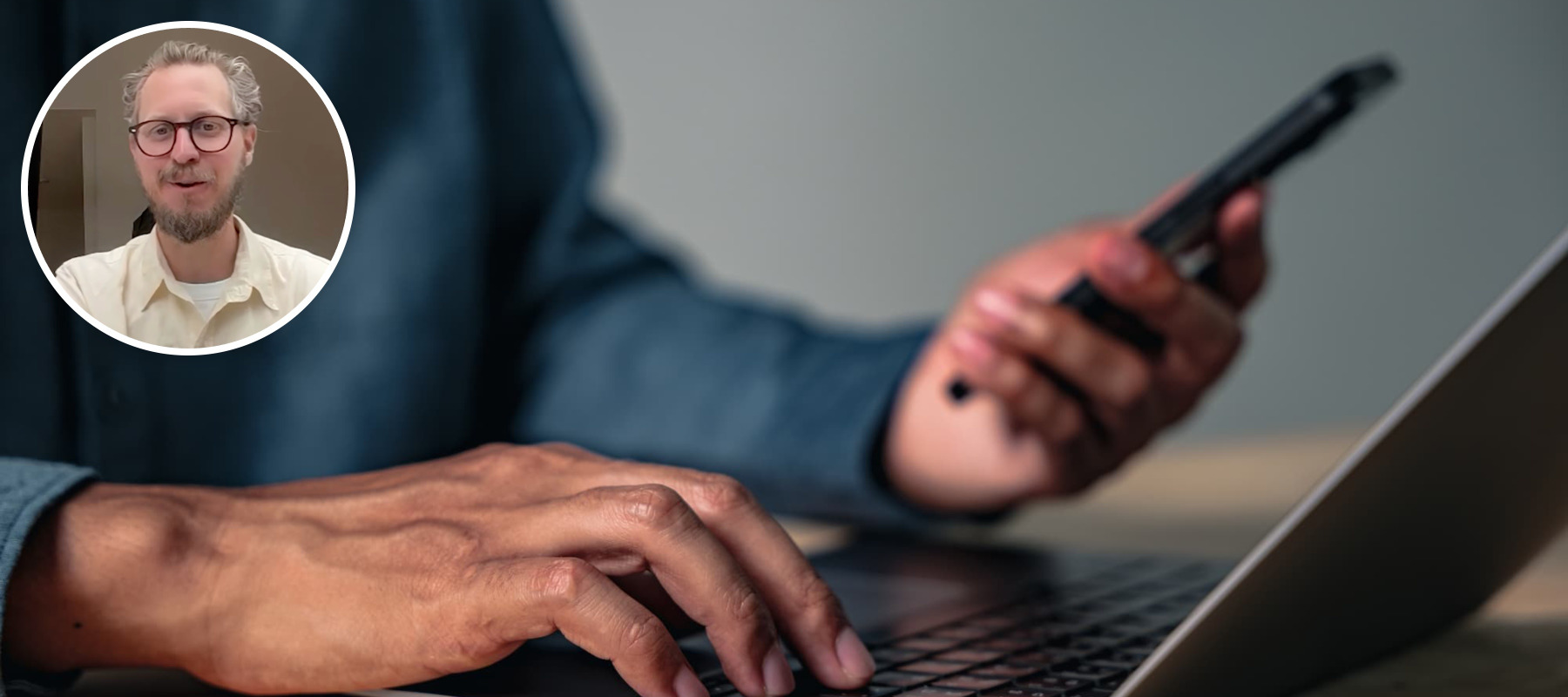 A photo of a man typing on a laptop featuring Ben Broca