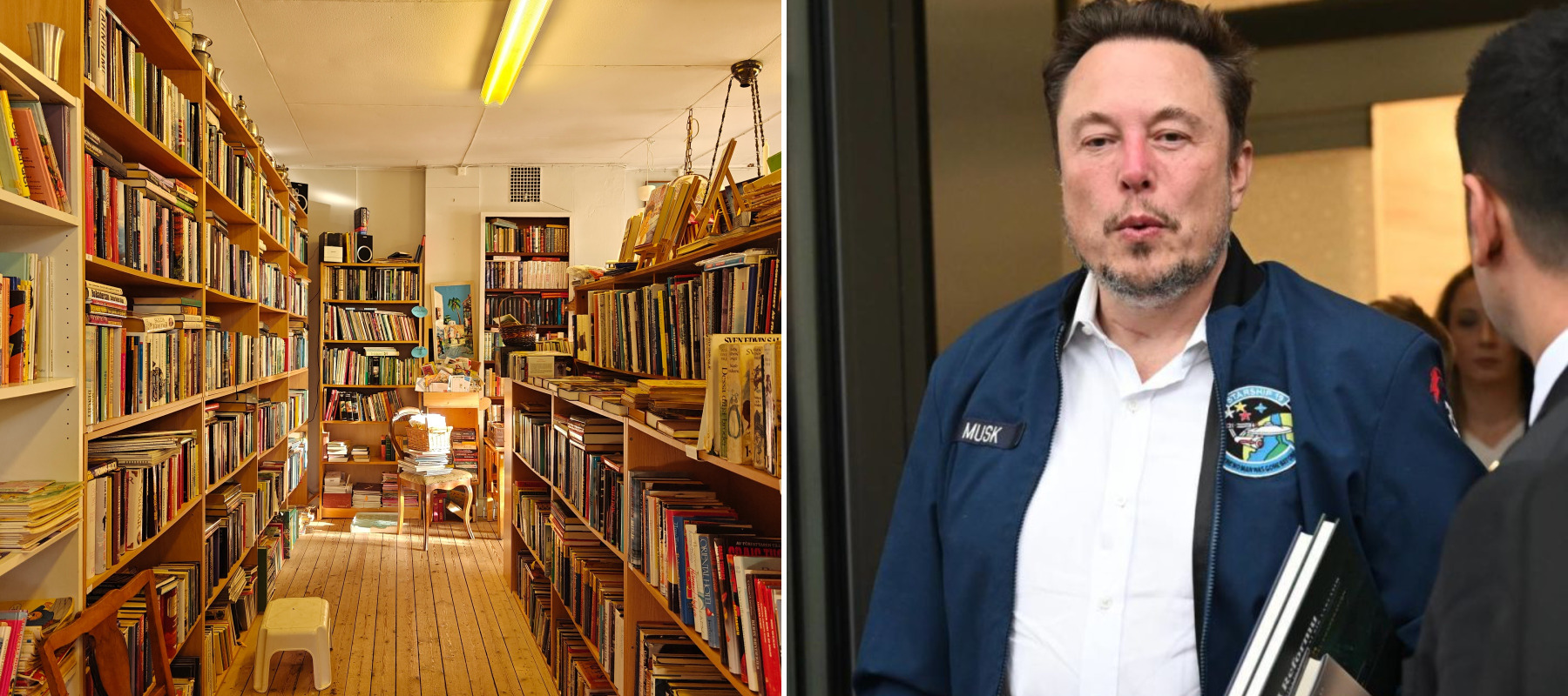 A split-panel photo of a used bookstore and Elon Musk