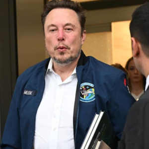 A split-panel photo of a used bookstore and Elon Musk
