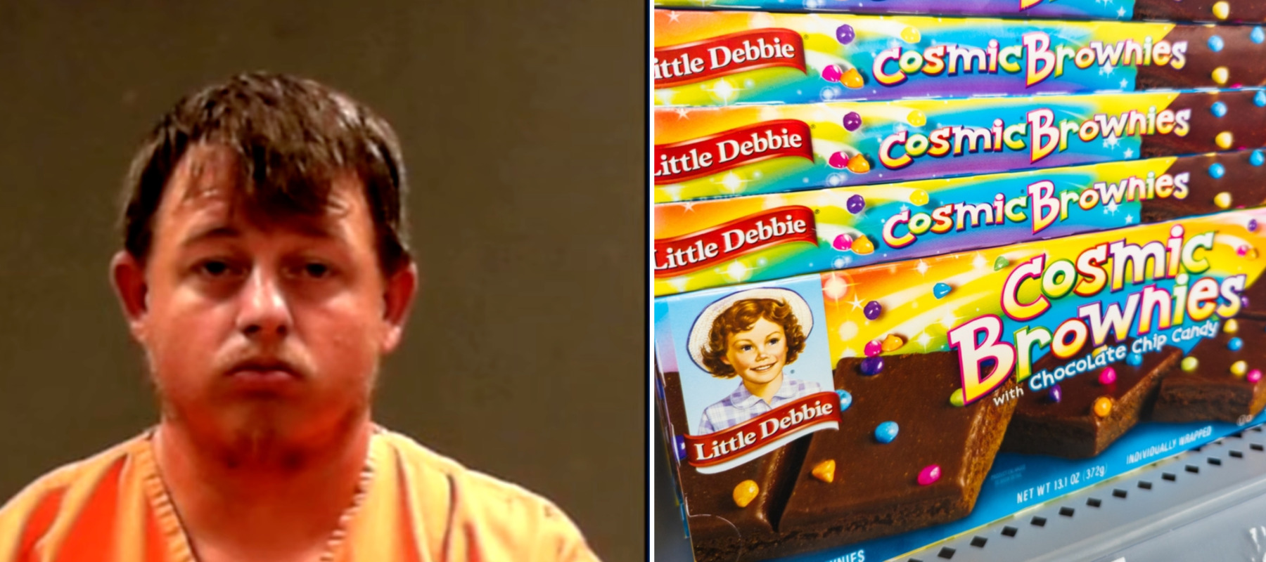 Mug shot of James Powell and photo of Little Debbie Cosmic Brownies