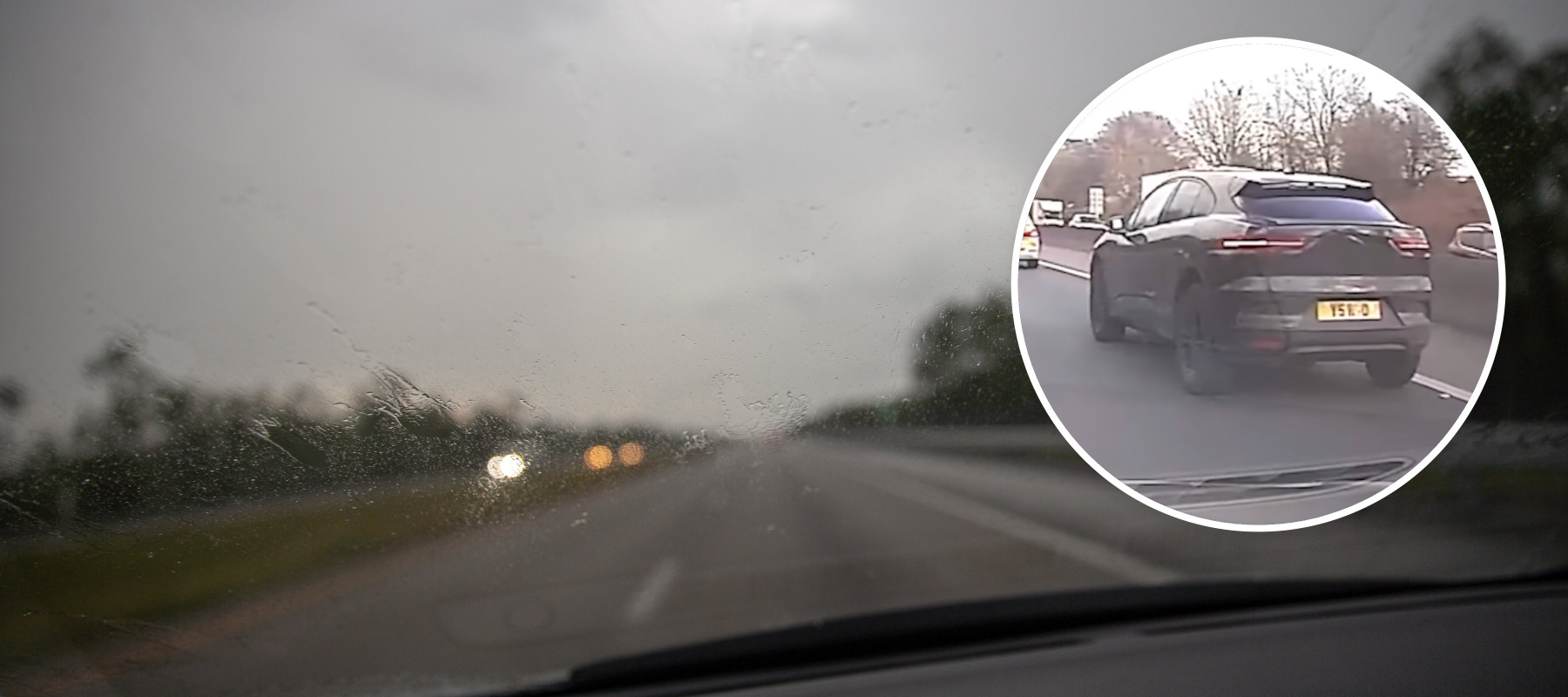 Image of a dreary road with bubble overlay of Jaguar seen from behind.