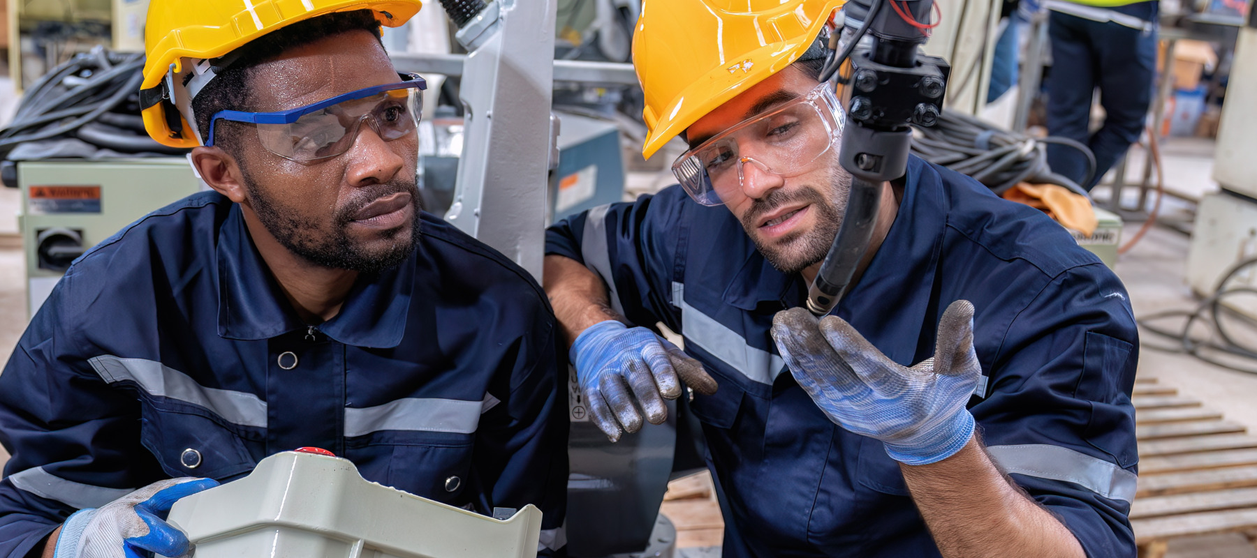Two men inspecting robotic welding arm
