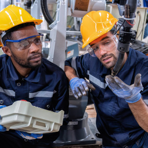 Two men inspecting robotic welding arm