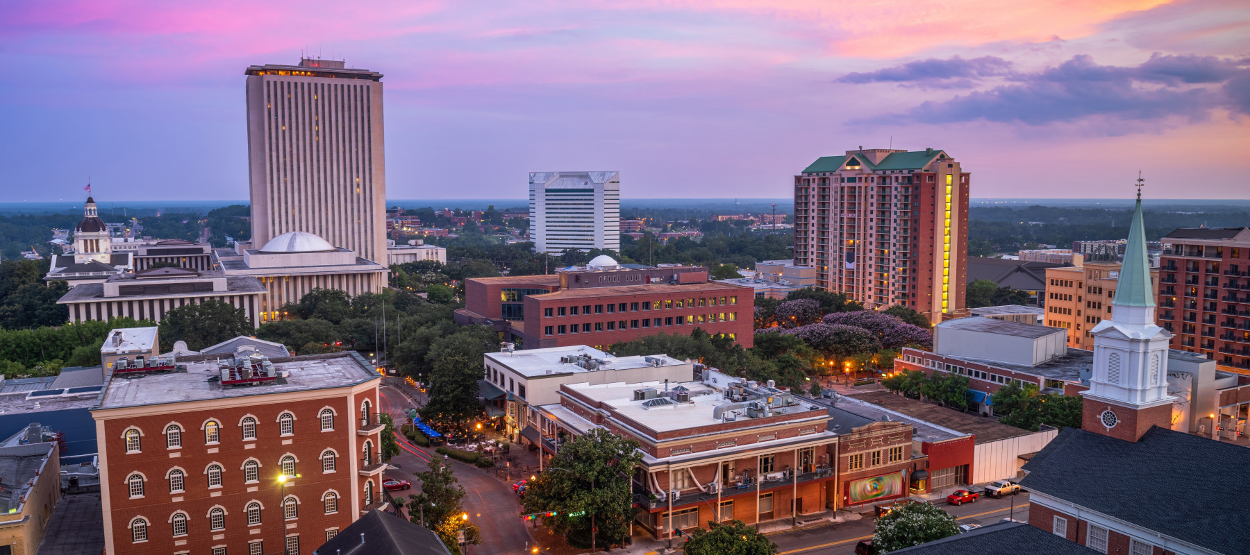 The downtown Tallahassee skyline at dusk.