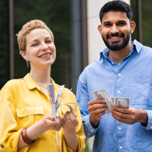 Photo of a couple standing outside smiling and holding money